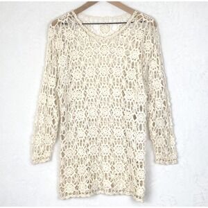 CROCHET‎ Lace Cover-up Tunic Top Sz M Natural Ivory Cotton Beachy Boho Resort